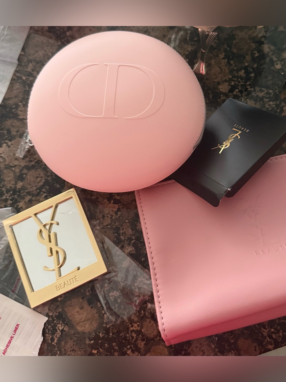 Dior Pink Round Cosmetic Case with YSL Accent mirror